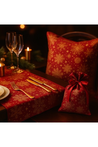 Kırmızı Yılbaşı Masa Runner + Kırlent + Hediye Kesesi 3'lü Set Kar Tanesi Desenli Kırmıızı