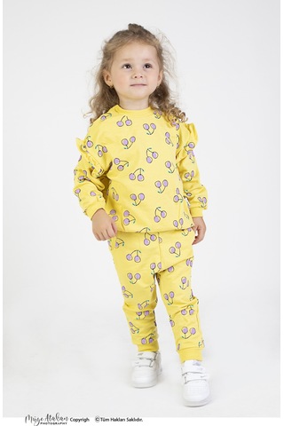 Harika Kids Kız Bebek&çocuk İki İplik Kumaş Kiraz Desenli Orta Kalınlıkta Örme Basic Oversize Alt Üst Eşofman Takımı 001