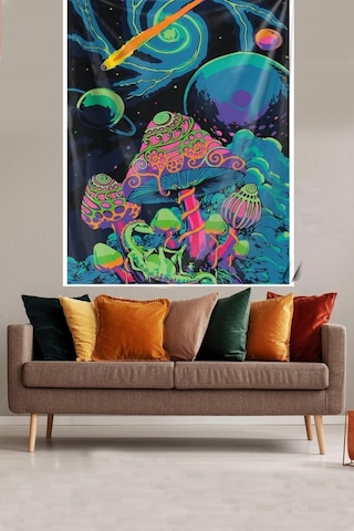 Pelangi Uzaydaki Renkli Mantarlar Desenli Leke Tutmaz Kadife Dokulu Kumaş Duvar Örtüsü Duvar Halısı Tapestry Wll17