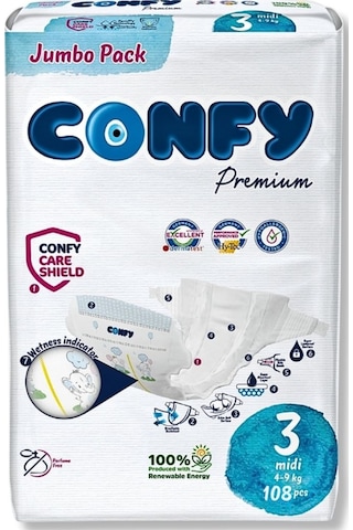 Confy Premium Bebek Bezi 3 Numara Midi  4 - 9 Kg 108 Adet