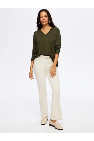 Faik Sönmez V Yaka Kadın Uzun Kol T-shirt W26tsh003 Haki