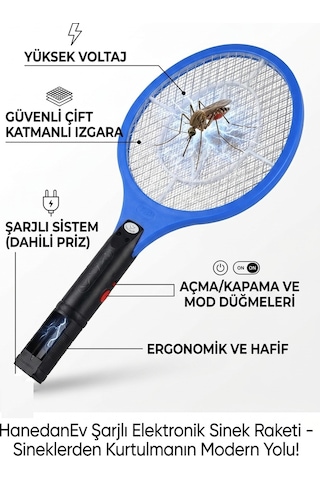 Şarjlı Sinek Raketi Elektronik Sivrisinek Ve Karasinek Öldürücü Raket Sinek Savar Şarj Edilebilir