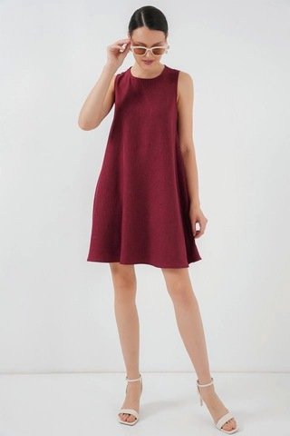 2444 Mini Keten Elbise - Bordo Bordo
