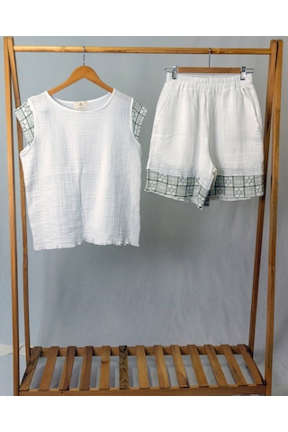 Süper Hafif %100 Pamuk 2 Katlı Müslin Şort - Tişört İkili Takım Pijama Gots Sertifikalı Haki