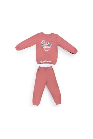 Kız Çocuk Best Mood Yazılı Pamuklu Eşofman Takım-15056 Pembe