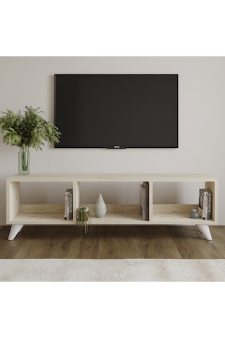 Tina Tv Sehpası 120 Cm Açık Meşe Renkli, Retro Tarz Ahşap Ayaklı Minimal Tv Sehpası Traverten