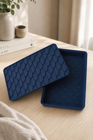 Desenli Kapaklı Dekoratif Kutu Masa Üstü Organizer Takı Aksesuar Saklama Kutusu Pla 20x12.5 Cm Lacivert