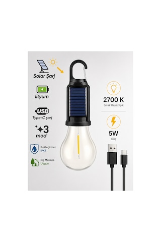 Taşınabilir Askılı Ampul Kamp Lambası,solar Ve Usb Type-c Şarjlı Led Ampul Lamba,su Geçirmez,iç/dış Mekan,kamp,çadır,bahçe,aydınlatma Şeffaf