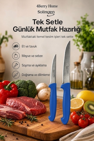 Solingen 2 Li Paslanmaz Çelik Mutfak Bıçağı Seti Et, Meyve Ve Sebze Bıçağı Mavi