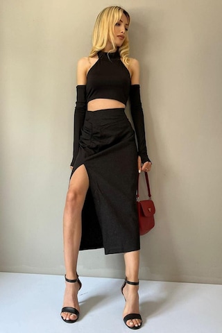 Madmext Siyah Basic Midi Boy Büzgülü Keten Etek Mg1540