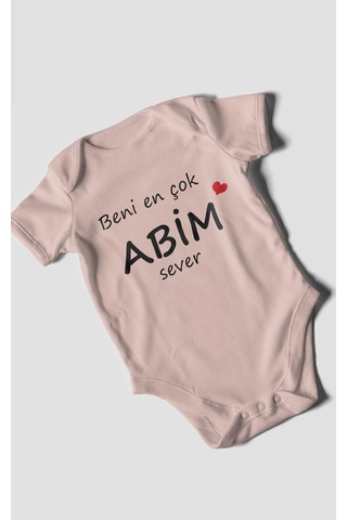 Beni En Çok Abim Sever Baskılı Bebek Zıbını Çıtçıtlı Body %100 Pamuk Kısa Kol Pastel Pembe
