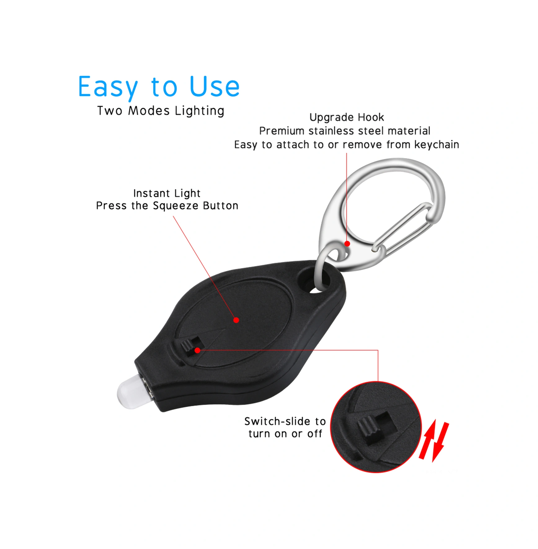 Yuntech01 10 Adet Kırmızı Anahtar Zinciri Feneri, Beyaz Led Işık, Basma/kaydırmalı Anahtar, Cr2032 Pil Dahil, 60x22x8mm Boyut Kırmızı