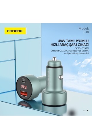 Foneng C18 48W 1xUsb 1xType-C Giriş Dijital Göstergeli Araç içi Çakmaklık Şarj Aleti