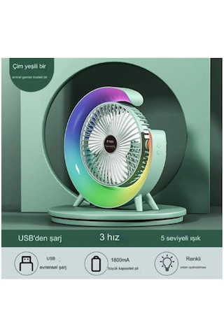 Masaüstü Vantilatör Usb Şarjlı Rgb Led Işıklı 3 Kademeli Fan