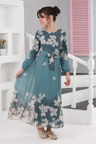 Kız Çocuk Astarlı Tam Boy Çiçek Desenli İç Göstermeyen Şık Ve Rahat Uzun Elbise Yeşil