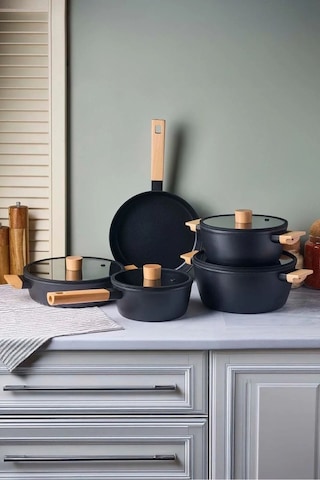 Cookwood Black 9 Parça Tencere Tava Seti Indüksiyon Tabanlı Ahşap Saplı 18080 Siyah