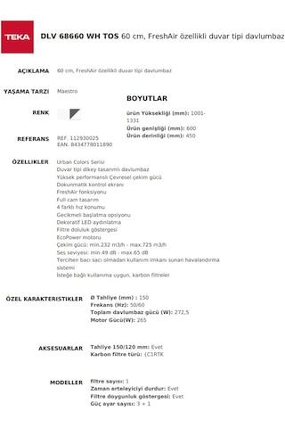 Teka DLV 68660 WH Duvar Tipi Davlumbaz 112930025