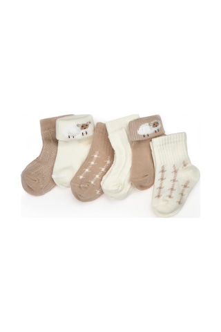 Bebek 6'lı Kuzu Detaylı Çorap %100 Organik Pamuk, Bebek - Yenidoğan - Csyc1005 Ekru