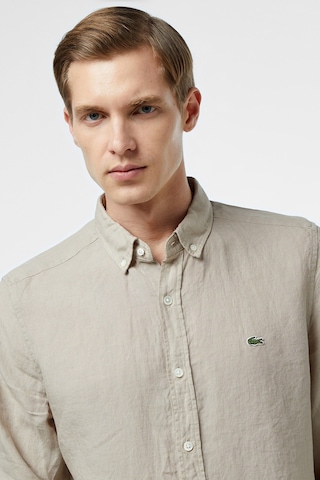 Lacoste Men's Regular Fit Button-down Collar Linen Shirt Erkek Düğmeli Yaka Keten Gömlek Bej