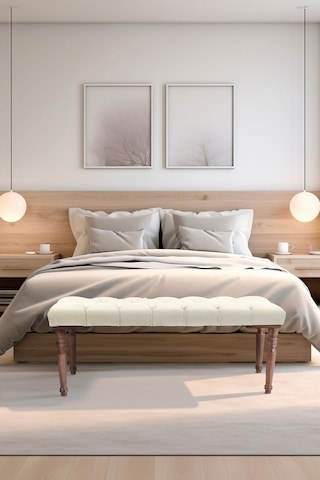 Gazzini Classic Torna Gürgen Ahşap Ayak Chester Model Kapitoneli Beyaz Puf Bench - Ceviz Ayak