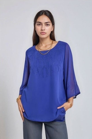 Kadın Asimetrik Kesim Şifon Curve Büyük Beden Viskon Spor Şık Bluz Saks