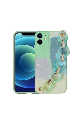Apple Uyumlu iPhone 11 Kılıf Simli Desenli El Askılı Tutacaklı Zore Elsa Silikon Kapak Yeşil