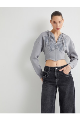 Koton Crop Kapşonlu Sweatshirt Fermuarlı Baskılı Korse Görünümlü Gri 4sal10690ık Gri