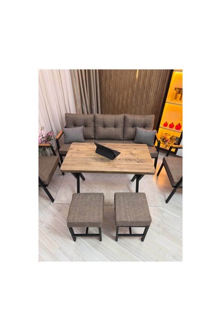 Houseart Dora 3 -1 - 1 + Masa + 2 Adet Puf , Balkon, Bahçe, Teras, Cafe - Salon - Metal Kanepe Koltuk Takımı , Çay Seti Cappuccino