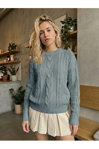 Sayzen Your Shine Saç Örgülü Basic Regular Triko Kazak Sy-2605 Nardo Gri
