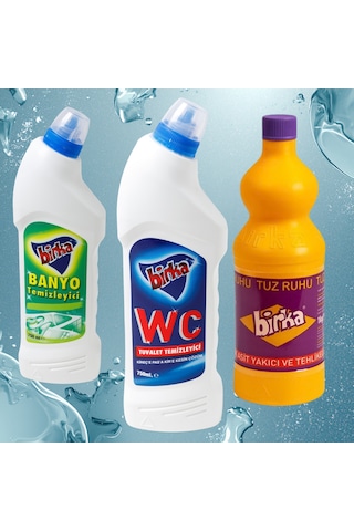 Birka 3 Lü Temizlik Seti Wc Tuvalet 750 Ml + Banyo Temizleyici 750 Ml + Tuz Ruhu 1 Kg 3'lü Set
