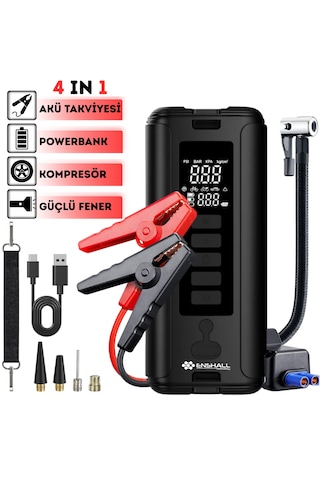 12000mah Led Işıklı Akü Takviyeli Powerbankli Araç Kompresörü