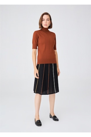 Peraluna Balıkçı Yaka Kısa Kollu Basic Kadın Triko Bluz Kahve-Kahve Kahverengi