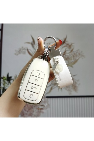 Hangfox Chery Anahtar Kılıfı H Tipi Akıllı 4 Tuşlu Süt Beyazı - Yüksek Kaliteli Materyal, Dayanıklı, Güneşinizi Kolaylaştırır Tek Set + Gümüş Zırh Kanca