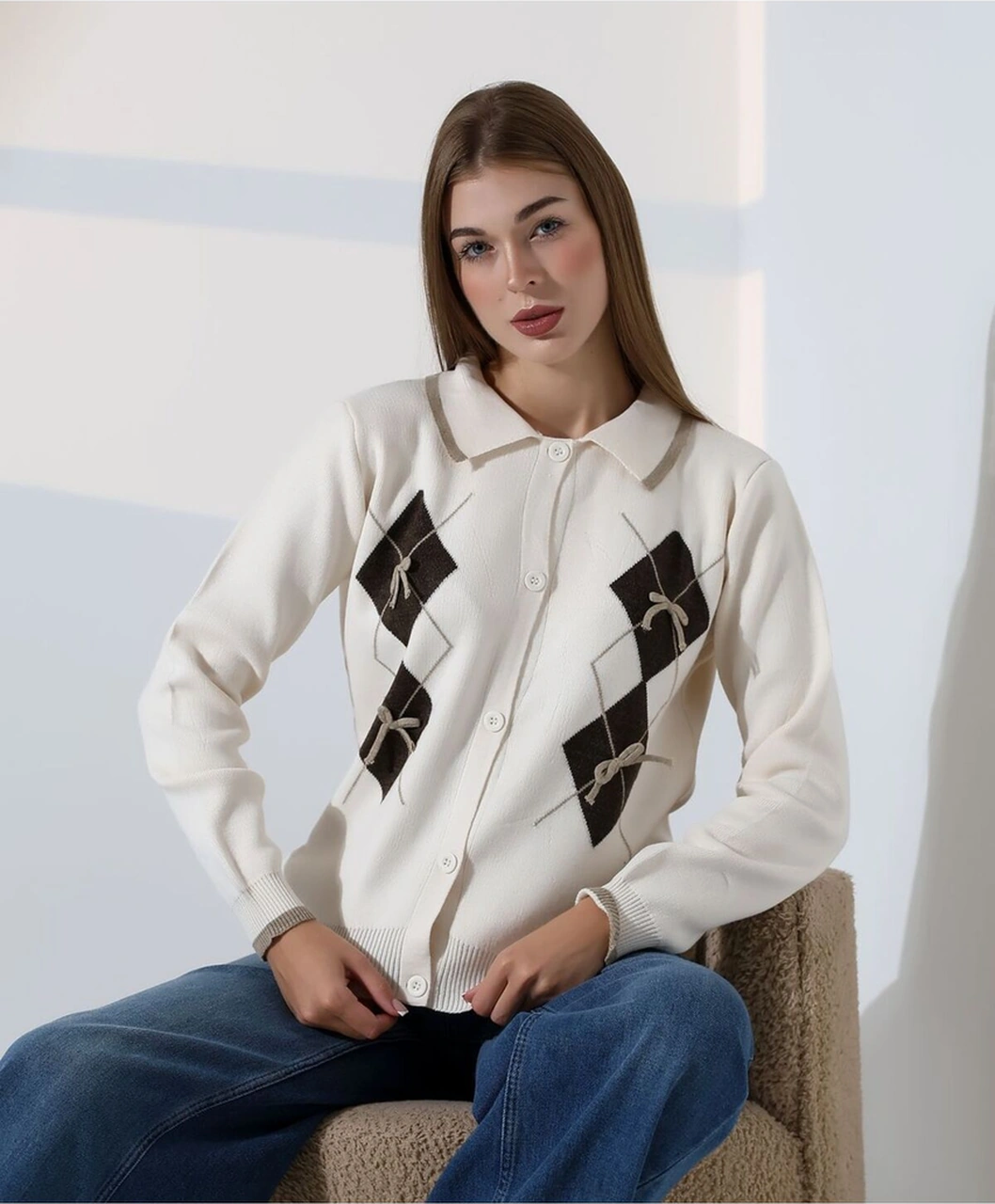 Baklava Desen Polo Yaka Kadın Kazak Taş