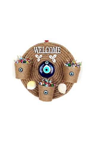 3 Saksılı Welcome Yazılı Deniz Kabuklu Nazar Boncuklu Hasır Kapı Süsü