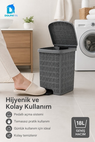 Jute Pedallı Çöp Kovası Kapaklı Büyük Boy Plastik Banyo Mutfak Ofis Atık Kovası 37x31,5x40 Cm Siyah