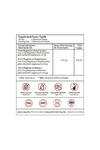 Magnezyum Complex Bisglycinate Taurat Malat 15 Effervescent Tablet
