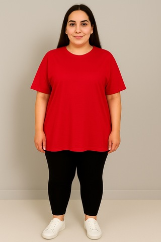 Kadın Büyük Beden Kısa Kollu Bisiklet Yaka Basic Oversize T-shirt 1977-25 Siyah