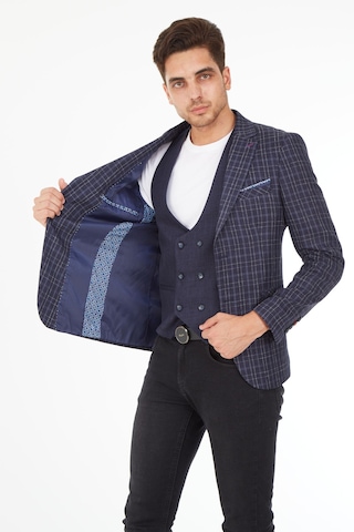 Sposo 5140 Yelekli Dar Kalıp Lacivert Ekose Erkek Blazer Ceket Lacivert