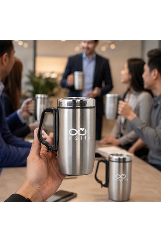 Logonuza Özel 5 Adet 5304 Çelik Kupa 240 Ml Kilitli Kapaklı Kurumsal Termos Mug Gümüş