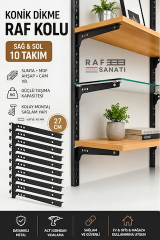 10 Takım Raf Destek Kolu 27 Cm 40 Hatve Ahşap Mdf Sunta Cam Raf Tutucu Raf Kolu Siyah
