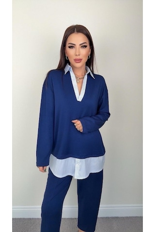 Polo Yaka Gömlekl Detay Salaş Balon Pantolunlu Ikılı Takım mavi