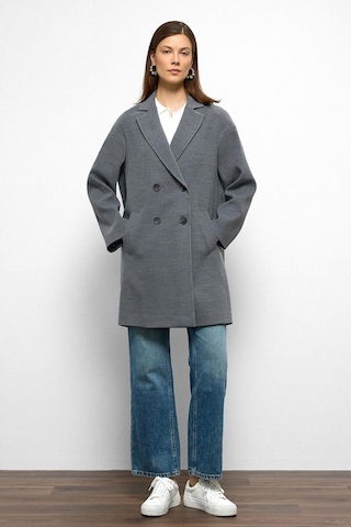 Olcay Desenli Astarlı Oversize Kruvaze Kaban Gri 3095