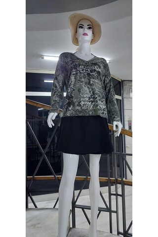 Haki İtalyan V Yaka Etnik Şal Ve Yazı Desenli Düşük Kol Bluz-9318 Haki