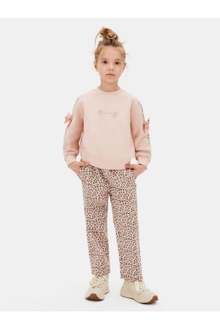 Kız Çocuk Kolları Leopar Şeritli Fiyonklu Sweatshirt-16133 Pudra
