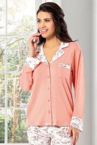 Faal 8605 Kadın Uzun Kollu Önden Düğmeli Pijama Takımı-somon SOMON