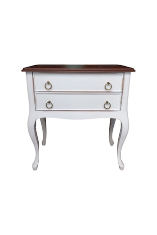 Roys Ahşap B3540 Beyaz Üstü Ceviz Eskitme Çift Çekmeceli  Komodin