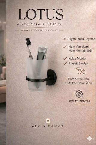 Alper Banyo Lotus Mat Siyah Eko Diş Fırçalık Plastik Tabak Ister Yapıştır Ister Montajla