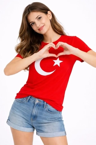 Vexor T-shirt Kısa Kol Bisiklet Yaka Ay Yıldız Bayrak Baskılı Tişört - Kırmızı