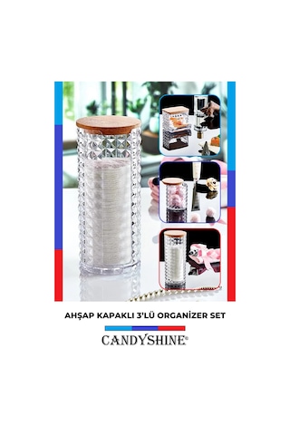 Ahşap Kapak 3'lü Organizer Set Modern Pamukluk Banyo Düzenleyici Şeffaf